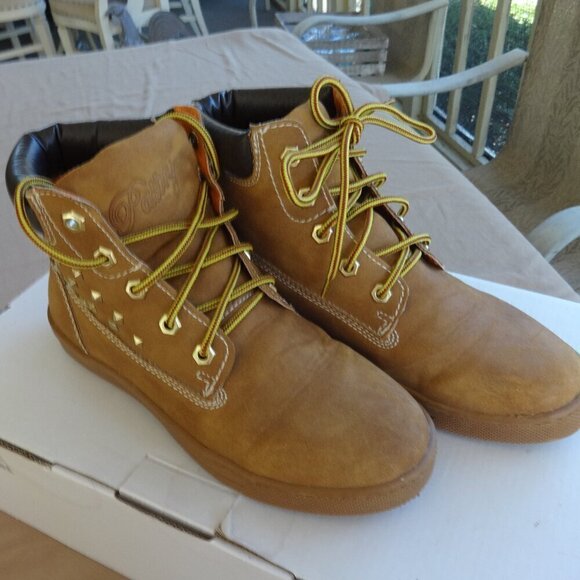 Pastry Love women's size 8 combat boot lace up light brown faux suede gold studs - Picture 8 of 16